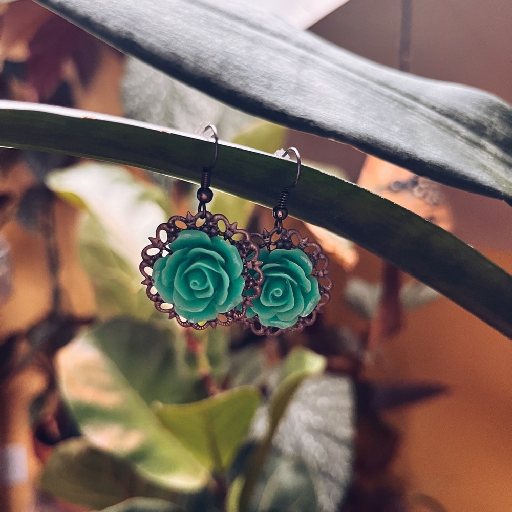 Hand Crafted Earrings Women Rose Teal Costume Jewelry Handmade Vintage Inspired